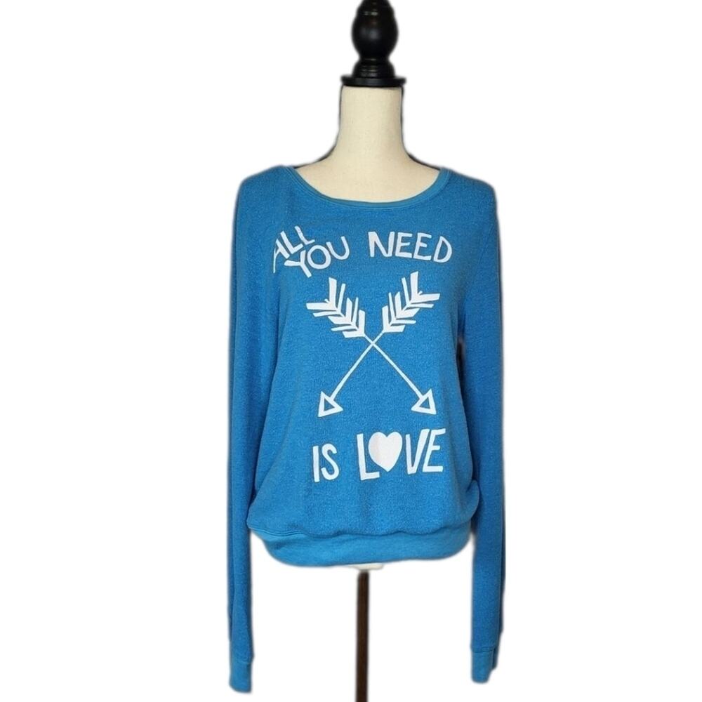Wildfox Couture All You Need Is Love Blue Baggy Beach Jumper Graphic Sweater S